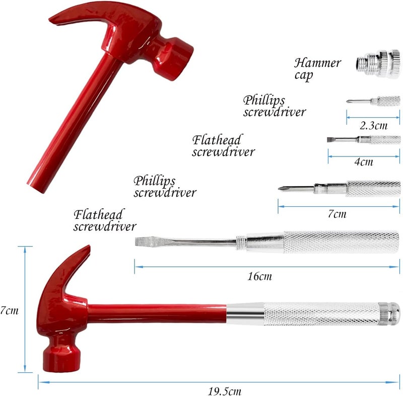 LASUND Red 6 in 1 Multitool Mini Hammer & Screwdriver Set - Camping Hand Tools with Metal Hammer Head - Image 2
